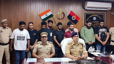 Gurugram, India-August 17, 2023: Varun Dahiya, ACP crime address a press conference after a team of cyber crime burst a fake call center and arrested the ten alleged accused including a women, in Gurugram, India, on Thursday, 17 August 2023. (Photo/Hindustan Times)