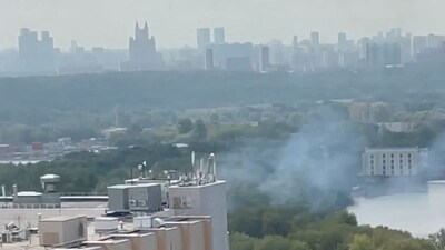 Russia- Ukraine War: A general view of rising smoke, after Russian air defences knocked down a Ukrainian drone, in Moscow. (Reuters)