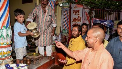 Uttar Pradesh chief minister Yogi Adityanath during his visit to Kaal Bhairav temple in Varanasi on Thursday. (PTI PHOTO) Uttar Pradesh chief minister Yogi Adityanath during his visit to Kaal Bhairav temple in Varanasi on Thursday. (PTI PHOTO)