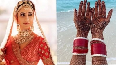 Get inspired by Katrina Kaif's intricate mehendi. The arm-length mehndi with a beautiful Punjabi chuda looks absolutely gorgeous on the actress' hands. Vicky's name was written vertically in small circles, which caught everyone's attention. The addition of floral patterns and exquisite detailing, make it a perfect mehendi pattern for those who love to get decked up in lots of henna. (Instagram ) Get inspired by Katrina Kaif's intricate mehendi. The arm-length mehndi with a beautiful Punjabi chuda looks absolutely gorgeous on the actress' hands. Vicky's name was written vertically in small circles, which caught everyone's attention. The addition of floral patterns and exquisite detailing, make it a perfect mehendi pattern for those who love to get decked up in lots of henna. (Instagram )