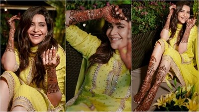Karishma Tanna has adorned her hands and legs with intricate mehendi patterns for her wedding look. Her henna is so elaborate that it even has elephants, umbrellas, temples and what not. It is typically one of the most extensive and detailed henna patterns, covering hands, arms, feet and even legs, often telling a story through its intricate patterns and symbols. (Instagram ) Karishma Tanna has adorned her hands and legs with intricate mehendi patterns for her wedding look. Her henna is so elaborate that it even has elephants, umbrellas, temples and what not. It is typically one of the most extensive and detailed henna patterns, covering hands, arms, feet and even legs, often telling a story through its intricate patterns and symbols. (Instagram )