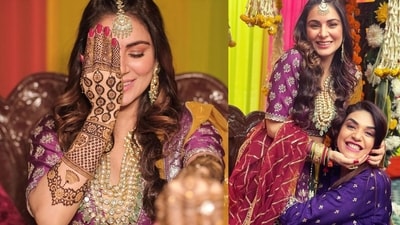 Shraddha Arya's mehendi designs are perfect for those who want to try something unique and make heads turn with their offbeat henna designs. Shraddha wore elbow-length mehendi but kept it different by adding unique flower patterns and bell-shaped motifs. She chose horizontal designs with heavy band shapes combined with traditional geometric shapes. (Instagram) Shraddha Arya's mehendi designs are perfect for those who want to try something unique and make heads turn with their offbeat henna designs. Shraddha wore elbow-length mehendi but kept it different by adding unique flower patterns and bell-shaped motifs. She chose horizontal designs with heavy band shapes combined with traditional geometric shapes. (Instagram)