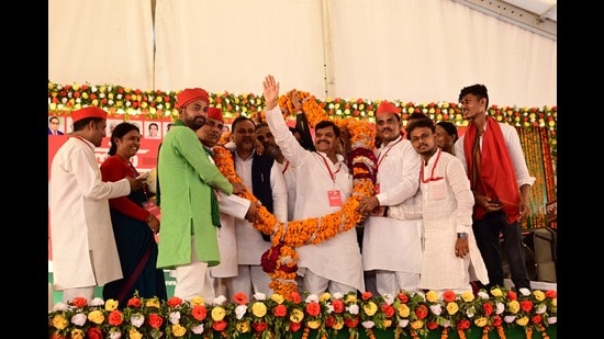 SP national general secretary Shivpal Singh Yadav at party’s ‘Lok Jagran Abiyan’ in Banda on Wednesday. (Sourced)