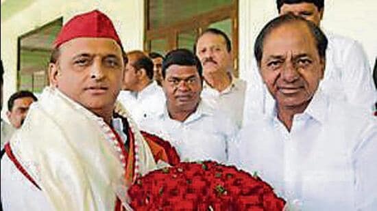Samajwadi Party national president with Telangana chief minister K Chandrashekhar Rao in Hyderabad in July. (FILE PHOTO)