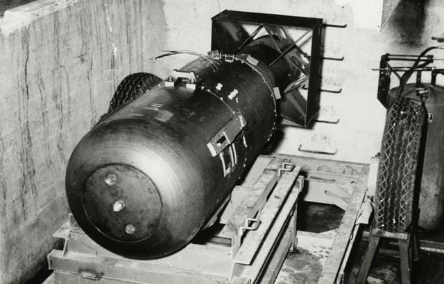 “Little Boy” before it was loaded into the Enola Gay’s flying bomber bay before the attack on Hiroshima on August 6, 1945. (Agilard/Shutterstock) “Little Boy” before it was loaded into the Enola Gay’s flying bomber bay before the attack on Hiroshima on August 6, 1945. (Agilard/Shutterstock)