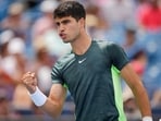 Carlos Alcaraz of Spain reacts after winning a point against Tommy Paul of the United States during their third-round match on day 5 at the Western & Southern Open