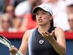 Iga Swiatek of Poland, reacts during her game against Jessica Pegula of the United States