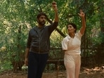 Abhishek Bachchan and Saiyami Kher in a still from Ghoomer. Abhishek Bachchan and Saiyami Kher in a still from Ghoomer.