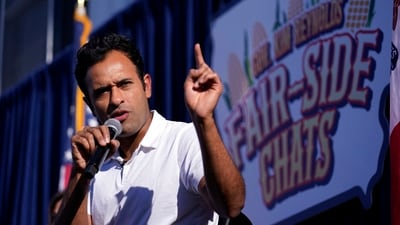 Republican presidential candidate businessman Vivek Ramaswamy speaks at the Iowa State Fair Saturday, Aug. 12, 2023, in Des Moines, Iowa. (AP/PTI)(AP08_12_2023_000358A) (AP) Republican presidential candidate businessman Vivek Ramaswamy speaks at the Iowa State Fair Saturday, Aug. 12, 2023, in Des Moines, Iowa. (AP/PTI)(AP08_12_2023_000358A) (AP)