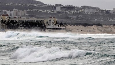 General view of the Medano beach before the arrival of hurricane Hilary at Los Cabos resort in Baja California state. (AFP) General view of the Medano beach before the arrival of hurricane Hilary at Los Cabos resort in Baja California state. (AFP)