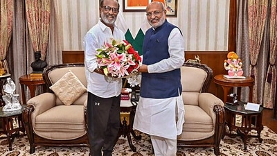Rajinikanth and Jharkhand Governor CP Radhakrishnan had a chat at Raj Bhavan in Ranchi. The actor is currently on a vacation in north India while his film Jailer continues to do wonders at the box office. (PTI) Rajinikanth and Jharkhand Governor CP Radhakrishnan had a chat at Raj Bhavan in Ranchi. The actor is currently on a vacation in north India while his film Jailer continues to do wonders at the box office. (PTI)