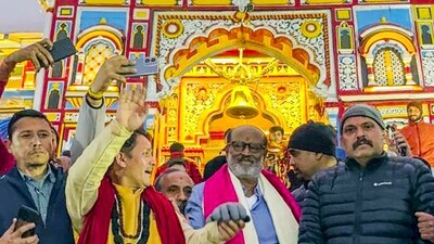 Rajinikanth left for the Himalayas day before the release of his action entertainer Jailer. The film opened at a massive <span class='webrupee'>₹</span>48 crore and is now moving towards the <span class='webrupee'>₹</span>250 crore mark. His first stop was at the Badrinath Temple in Chamoli, Uttarakhand. (PTI) Rajinikanth left for the Himalayas day before the release of his action entertainer Jailer. The film opened at a massive <span class='webrupee'>₹</span>48 crore and is now moving towards the <span class='webrupee'>₹</span>250 crore mark. His first stop was at the Badrinath Temple in Chamoli, Uttarakhand. (PTI)