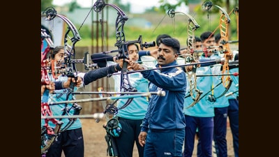 Sawant at his training academy in Satara. ‘I made my first bow using bent wires from an old umbrella,’ he says. ‘There was an archery academy 25 km away from my village, in Wai. But the bus cost ₹35 per return trip, money I didn’t have. It was heartbreaking, but what can you do?’ (Vaibhav Dharmadhikari) Sawant at his training academy in Satara. ‘I made my first bow using bent wires from an old umbrella,’ he says. ‘There was an archery academy 25 km away from my village, in Wai. But the bus cost ₹35 per return trip, money I didn’t have. It was heartbreaking, but what can you do?’ (Vaibhav Dharmadhikari)