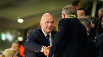 President of FIFA Gianni Infantino, left, shakes hands with Australian Prime Minister Anthony Albanese ahead of the Women's World Cup semifinal soccer match between Australia and England at Stadium Australia (AP) President of FIFA Gianni Infantino, left, shakes hands with Australian Prime Minister Anthony Albanese ahead of the Women's World Cup semifinal soccer match between Australia and England at Stadium Australia (AP)