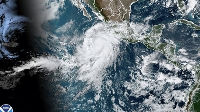 This satellite image taken at 10:50am EDT on Thursday, Aug. 17, 2023, and provided by the National Oceanic and Atmospheric Administration (NOAA) shows Hurricane Hilary off the Pacific coast of Mexico. (NOAA via AP) (AP) This satellite image taken at 10:50am EDT on Thursday, Aug. 17, 2023, and provided by the National Oceanic and Atmospheric Administration (NOAA) shows Hurricane Hilary off the Pacific coast of Mexico. (NOAA via AP) (AP)