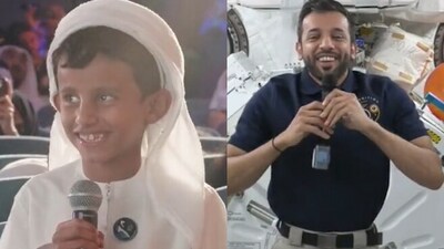 UAE astronaut Sultan Al Neyadi in an interaction with his son. (Twitter/@MBRSpaceCentre)
