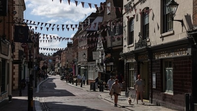British Union flag bunting on Rochester High Street in Rochester, UK, on Tuesday, Aug. 15, 2023. Grocery price inflation has fallen sharply, another sign that Britain�s cost-of-living crisis is gradually easing for consumers. Photographer: Hollie Adams/Bloomberg (Bloomberg) British Union flag bunting on Rochester High Street in Rochester, UK, on Tuesday, Aug. 15, 2023. Grocery price inflation has fallen sharply, another sign that Britain�s cost-of-living crisis is gradually easing for consumers. Photographer: Hollie Adams/Bloomberg (Bloomberg)