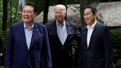 U.S. President Joe Biden, Japanese Prime Minister Fumio Kishida and South Korean President Yoon Suk Yeol. (REUTERS)