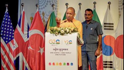 Uttar Pradesh chief minister Yogi Adityanath addressing the Y20 Summit in Varanasi. (PTIPHOTO) Uttar Pradesh chief minister Yogi Adityanath addressing the Y20 Summit in Varanasi. (PTIPHOTO)
