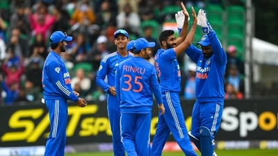 Jasprit Bumrah (2R) celebrates with teammates during 1st T20I vs Ireland (Twitter/BCCI) Jasprit Bumrah (2R) celebrates with teammates during 1st T20I vs Ireland (Twitter/BCCI)