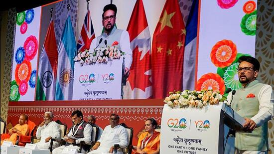 Union minister Anurag Thakur at the Y20 Summit in Varanasi. (PTI PHOTO)