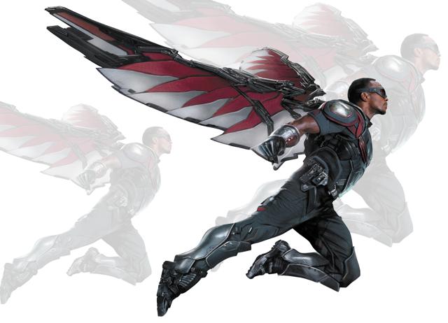 Falcon in Marvel’s Avengers (2015) had metallic wings that seem too heavy for flight. Falcon in Marvel’s Avengers (2015) had metallic wings that seem too heavy for flight.