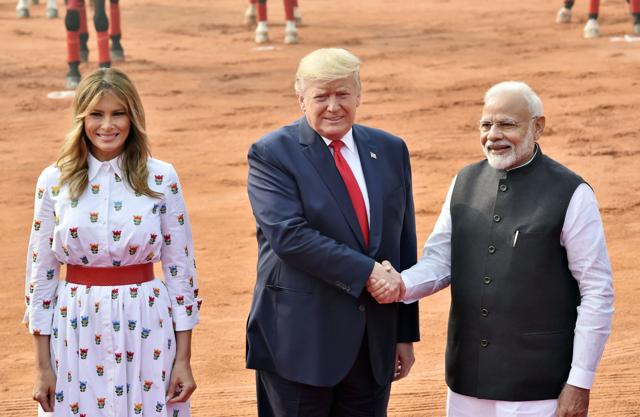 US President Donald Trump and US First Lady Melania Trump with Prime Minister Narendra Modi during Trump’s ceremonial reception at Rashtrapati Bhavan, in New Delhi on Tuesday, February 25, 2020. (Ajay Aggarwal/HT PHOTO) US President Donald Trump and US First Lady Melania Trump with Prime Minister Narendra Modi during Trump’s ceremonial reception at Rashtrapati Bhavan, in New Delhi on Tuesday, February 25, 2020. (Ajay Aggarwal/HT PHOTO)