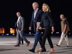 President Joe Biden and first lady Jill Biden arrive at Reno-Tahoe International Airport on Friday, Aug. 18, 2023, in Reno, Nev., for a vacation in the area. 