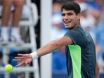  Carlos Alcaraz of Spain reacts to winning a point against Max Purcell of Australia during their quarterfinal match at the Western & Southern Open at Lindner Family Tennis Center on August 18