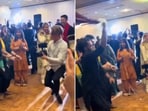 The image shows a cameraman dancing with a wedding guest. The image shows a cameraman dancing with a wedding guest.