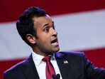 Republican presidential candidate Vivek Ramaswamy speaks at the Republican Party of Iowa's Lincoln Day Dinner in Des Moines, Iowa, U.S.
