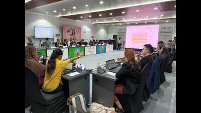 A discussion underway at Y20 Summit-2023 at Rudraksha convention centre in Varanasi Saturday. (Rajesh Kumar) A discussion underway at Y20 Summit-2023 at Rudraksha convention centre in Varanasi Saturday. (Rajesh Kumar)
