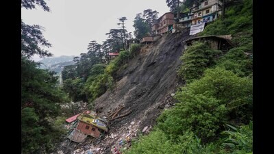 A landslide affected area where several buildings were damaged after heavy rains, at Krishna Nagar ward in Shimla, Saturday. (PTI) A landslide affected area where several buildings were damaged after heavy rains, at Krishna Nagar ward in Shimla, Saturday. (PTI)