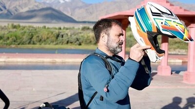 In picture, Rahul Gandhi gears up for the bike ride in Ladakh. The visit, which began on Thursday, was supposed to be for two days but was later extended until August 25. (Instagram/Rahul Gandhi) In picture, Rahul Gandhi gears up for the bike ride in Ladakh. The visit, which began on Thursday, was supposed to be for two days but was later extended until August 25. (Instagram/Rahul Gandhi)