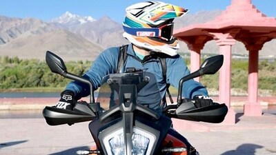 The Congress leader took the KTM 390 Adventure bike for his ride to Pangong Lake during his visit to Ladakh. (Instagram/Rahul Gandhi) The Congress leader took the KTM 390 Adventure bike for his ride to Pangong Lake during his visit to Ladakh. (Instagram/Rahul Gandhi)