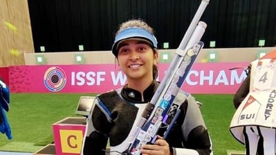 India’s Mehuli Ghosh poses for picture after winning bronze in the women’s 10m air rifle event at the ISSF World Championships, in Baku on Saturday. (SAI Twitter) India’s Mehuli Ghosh poses for picture after winning bronze in the women’s 10m air rifle event at the ISSF World Championships, in Baku on Saturday. (SAI Twitter)