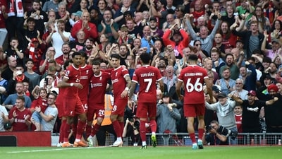 Liverpool's Diogo Jota, celebrates with teammates after scoring his sides third goal during the Premier League soccer match between Liverpool and AFC Bournemouth at Anfield (AP) Liverpool's Diogo Jota, celebrates with teammates after scoring his sides third goal during the Premier League soccer match between Liverpool and AFC Bournemouth at Anfield (AP)