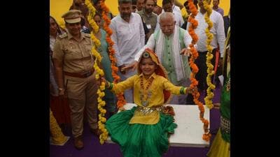 Haryana chief minister (CM) Manohar Lal Khattar during Teej celebrations on Saturday. (HT Photo)