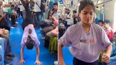The image shows a woman performing somersault inside a metro coach. (Instagram/@mishaa_official_) The image shows a woman performing somersault inside a metro coach. (Instagram/@mishaa_official_)