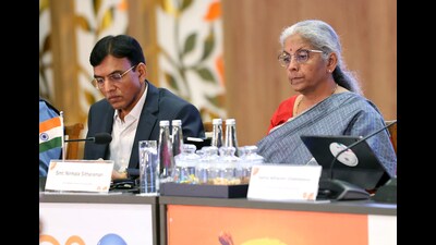 Union Finance Minister Nirmala Sitharaman along with Union Helath Minister Mansukh Mandaviya at the Joint Health-Finance Ministers’ Meeting of G20, in Gandhinagar on Saturday. (Nirmala Sitharaman Twitter)