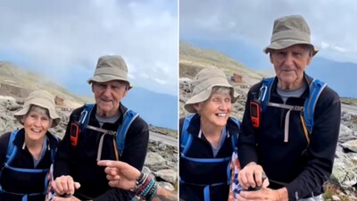 The image shows the elderly couple who celebrated their 66th wedding anniversary by climbing a mountain. (Instagram/@goodnews_movement) The image shows the elderly couple who celebrated their 66th wedding anniversary by climbing a mountain. (Instagram/@goodnews_movement)