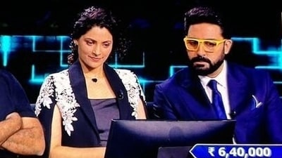 Saiyami Kher and Abhishek Bachchan on Kaun Banega Crorepati. Saiyami Kher and Abhishek Bachchan on Kaun Banega Crorepati.