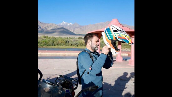 Congress leader Rahul Gandhi embarks on a bike ride to Pangong Tso Lake in Ladakh on Saturday. (ANI)