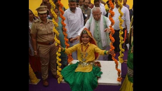 Haryana chief minister (CM) Manohar Lal Khattar during Teej celebrations on Saturday. (HT Photo)