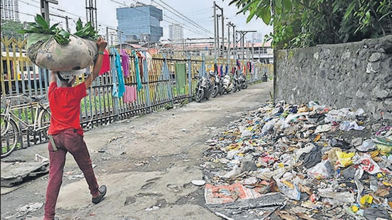 Mumbai, India - Aug. 19, 2023: Despite complaints for 2 years now, Railway fails to clean Prabhadevi Railway station premises. Local activist and commuters have said that entry exists to Prabhadevi Railway station premises are extremely dirty, has water logging in monsoons and garbage all over the place, in Mumbai, India, on Saturday, August 19, 2023. (Photo by Anshuman Poyrekar/ Hindustan Times) (Hindustan Times)