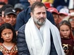 Congress leader Rahul Gandhi attends a prayer meeting to mark 79th birth anniversary of his father and former prime minister Rajiv Gandhi on the banks of Pangong Lake in Leh on Sunday. 