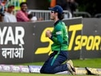 George Dockrell takes the catch of Tilak Varma during the 2nd T20I at The Village in Dublin on Sunday.(Ireland Cricket Twitter)