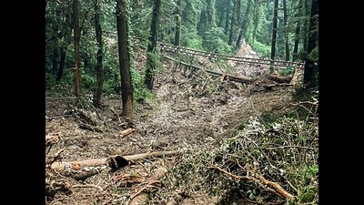 A view of an area devastated by heavy rains and floods in Himachal Pradesh, in Shimla on Sunday. (ANI) A view of an area devastated by heavy rains and floods in Himachal Pradesh, in Shimla on Sunday. (ANI)