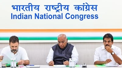 Congress President Mallikarjun Kharge along with party leaders Rahul Gandhi and KC Venugopal. (Congress Twitter)