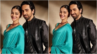 Recently, Ananya shared adorable pictures with her co-star Ayushmann Khuranna to promote Dream Girl 2. "Pari and Pooja…I mean Pari and Karam," she captioned the photoshoot. It shows Ananya, in a teal blue silk saree, and Ayushmann, in a black embroidered sherwani, posing for the camera. (Instagram) Recently, Ananya shared adorable pictures with her co-star Ayushmann Khuranna to promote Dream Girl 2. "Pari and Pooja…I mean Pari and Karam," she captioned the photoshoot. It shows Ananya, in a teal blue silk saree, and Ayushmann, in a black embroidered sherwani, posing for the camera. (Instagram)
